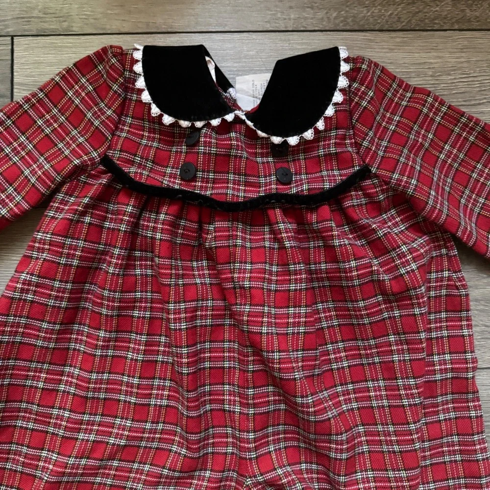 Vintage  y2k Bonnie Baby Red Plaid Velvet Trim Romper Holiday 18 Months